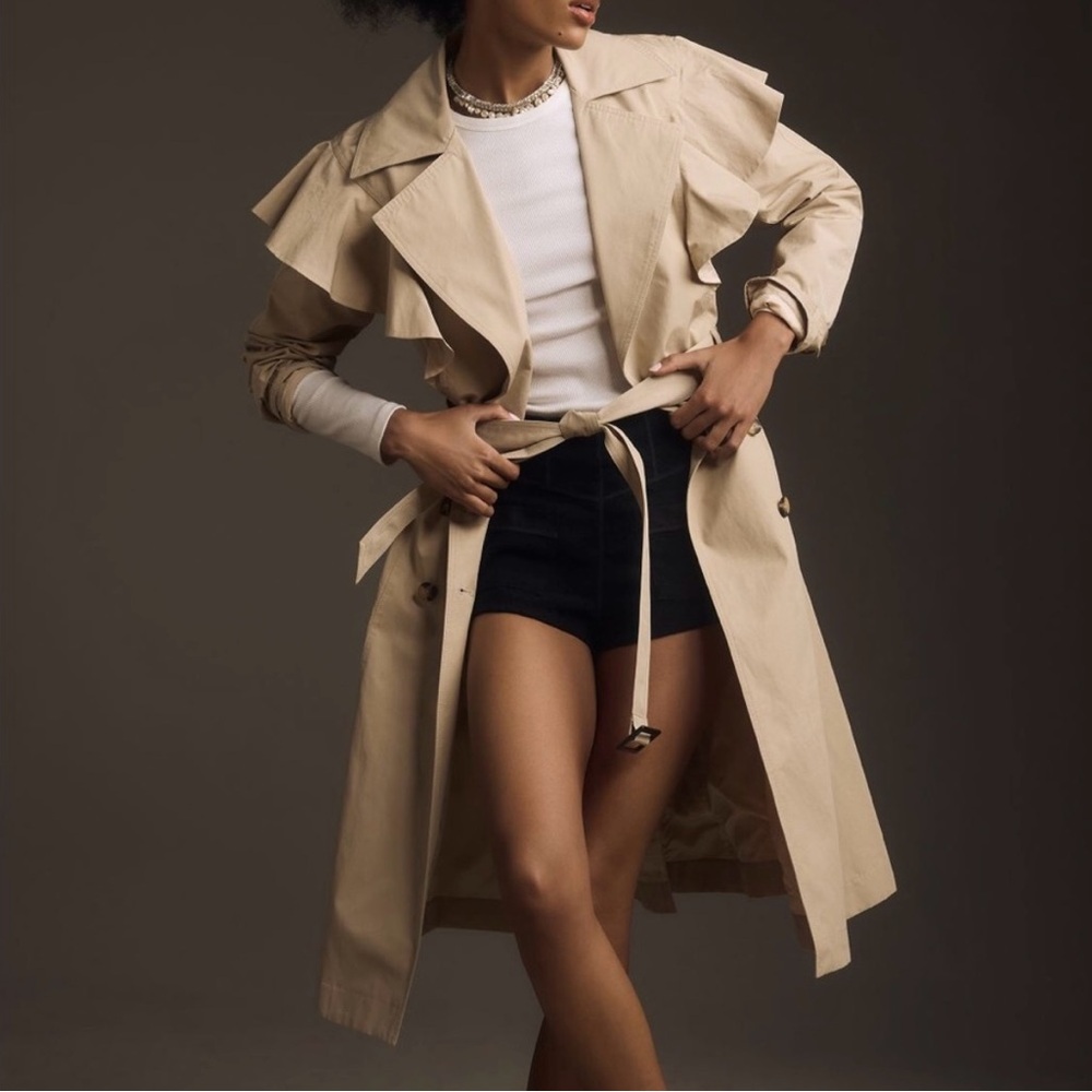 Anthropology Beige Ruffled Ruffles Long Light Trench Coat Jacket Small